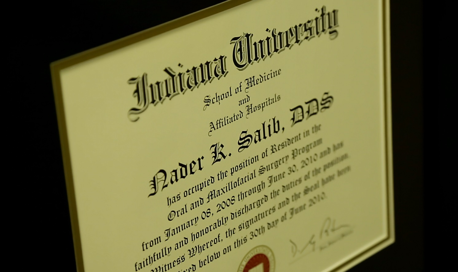 Indiana University oral and maxillofacial surgery residency certificate for Nader K. Salib, DDS