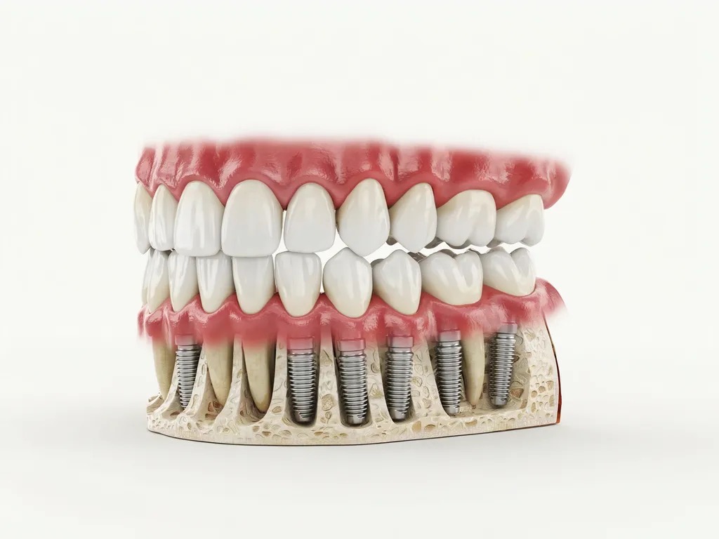 Full-mouth dental implants restoring a complete set of teeth