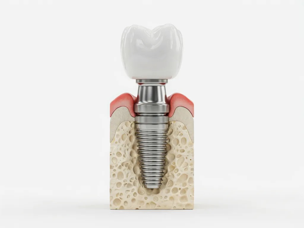 A single titanium dental implant with a custom crown